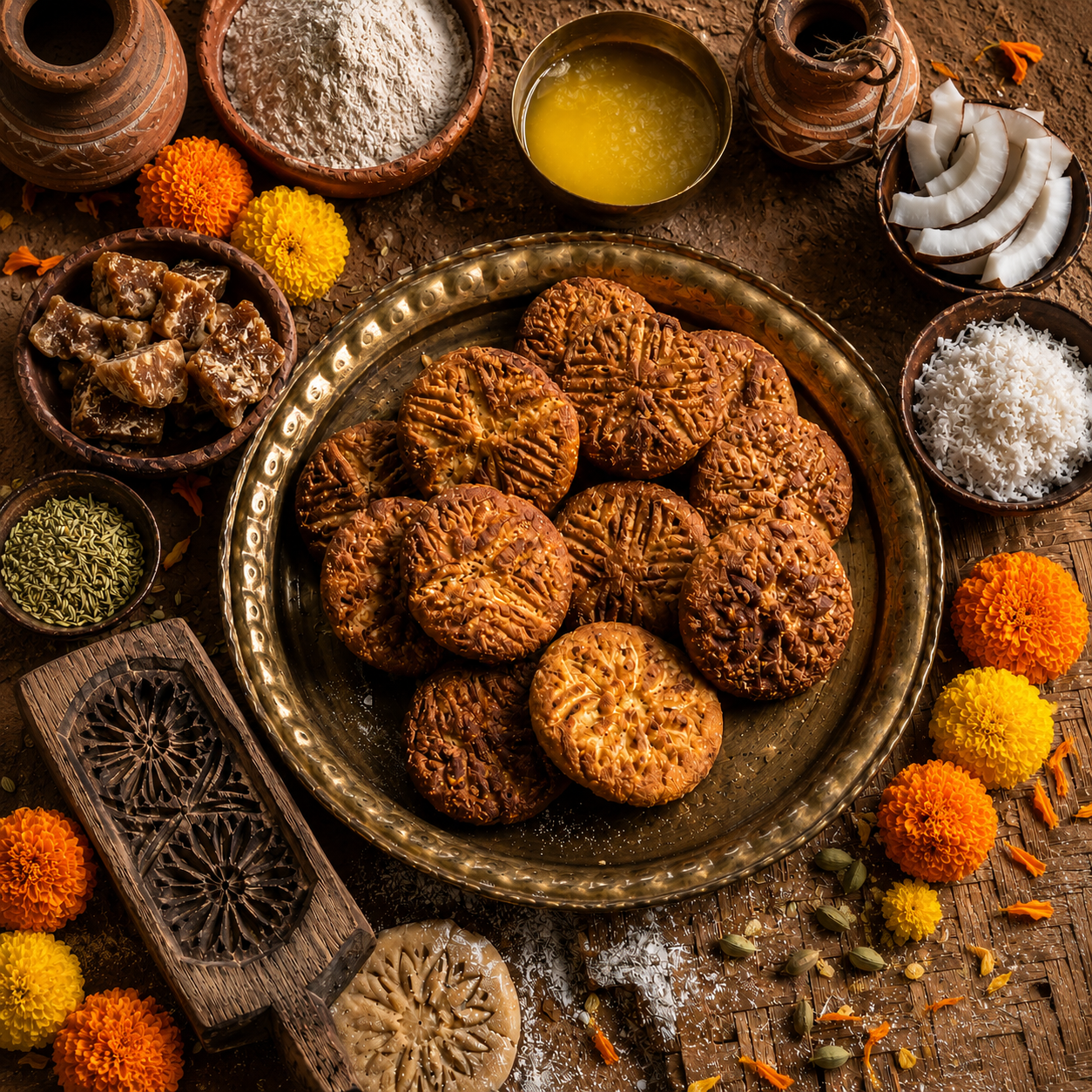 Sílwāt Thekua — hand-shaped, ghee-fried, on a brass thali with raw jaggery, ghee, coconut, fennel and carved wooden moulds
